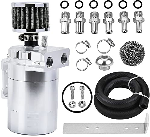 EVIL ENERGY Oil Catch Can, Universal Baffled Catch Can Kit with Breather Filter, 300ml Aluminum Air Oil Separator Tank NBR Fuel Hose Kits for PCV System Silver