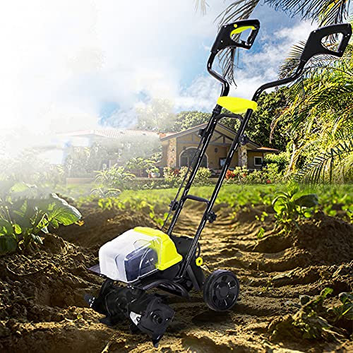 14-Inch Cordless Electric Tiller/Cultivator w/Wheels, Garden Rotavator Tillers, 4 Tiller blades, 36CM Tilling Width, 20CM Tilling Depth, Wireless Lawn Scarifier