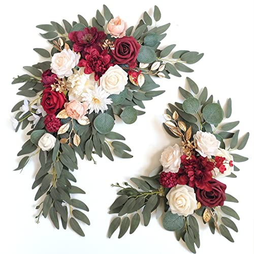 Piklado Faux Flower Swag Set of 2 for Wedding Welcome Signs Floral Swag Wedding Reception Ceremony Signs Decor (Red)