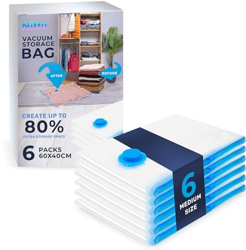 NIFTII Vacuum Storage Bags – 6 Pack 60x40cm | Space Saver Bags for Clothes, Bedding, Duvets, Travel & Seasonal Storage | Airtight, Waterproof, Reusable Vacuum Seal Compression Bags