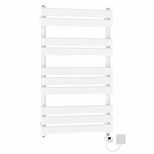 NRG Pre-Filled Electric Heated Towel Rail Thermostatic Radiator Designer Bathroom Flat Ladder Rad Wall Mounted 1000x600mm White 500W