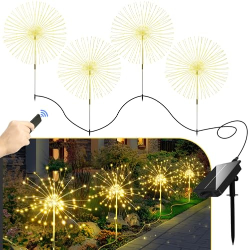 Solar Firework String Lights Outdoor Garden Decor Waterproof 4 Pack, LED Sparklers Fireworks Sticks Tall for Yard Outside, Remote Control 8 Lighting Modes Patio Planter Flowerbed Path Lawn Decorative