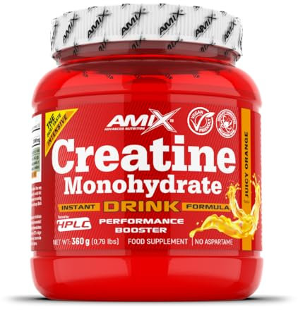 AMIX Creatine Monohidrato Powder Drink – Creatin Nahrungsergänzungsmittel zum Trinken, erhöht die körperliche Leistung, steigert Muskelaufbau und Kraft bei Sportlern, Orangengeschmack, 360g