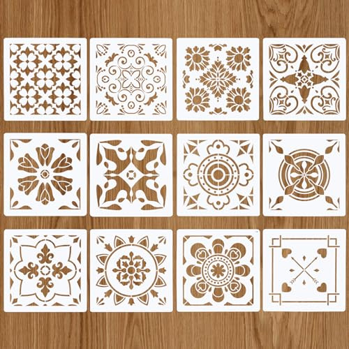 Homo Trends 12 Stück Schablonen Textilgestaltung Schablonen Wandgestaltung | Journaling ZubehöR, Mandala Schablone, Vintage Kunststoff Schablone (10 X 10cm)
