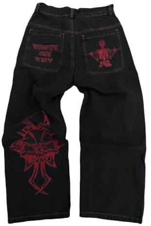 ORANDESIGNE Y2K Jeans Uomo Larghi Pantaloni Cargo Men's Jeans Hip Hop Pantaloni Larghi Denim Pantaloni Pantaloni a Gamba Larga Streetwear A Rosso XS
