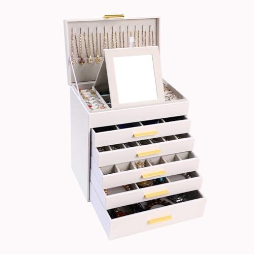 BOOVO Jewelry Boxes for Women, White and Black 6 Layer Large Jewelry Box for Necklace, Bracelet, Earrings, Rings Storage, Jewelry holder Organizer for Girls Gift (White and Gold, 6 layer)