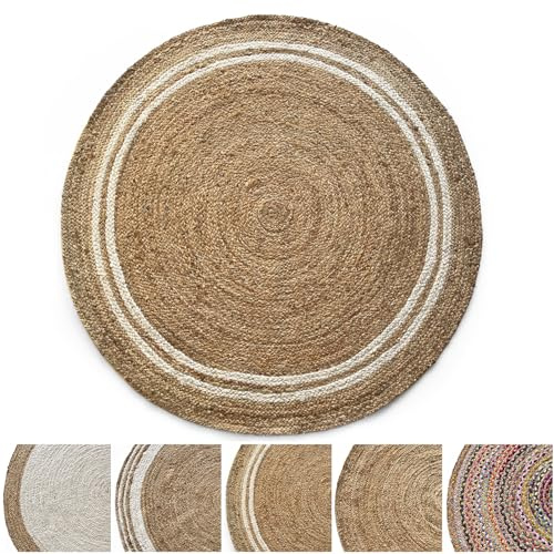 KARAT Jute Teppich rund 120cm Ø Bastteppich aus 100% Naturfaser - geflochten Boho Juteteppich, Handgewebter Naturteppich für Küche & Wohnzimmer robust & reißfest (Mumbai)