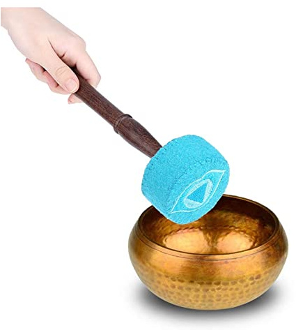 Tibetische Klangschale, Schlaghammer, handgefertigt, aus Hartholz, gefilzter Schlägel, Stick, Buddhismus-Aufsatz (hellblau)