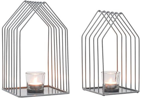 Marrakesch 2er Set Skandinavische Deko Teelichthalter aus Metall & Glas in grau 28cm groß | Windlicht Carlon als Frühling Wohnzimmer Tisch Deko | Exquisite Kerzenständer Dekoration für Teelichter