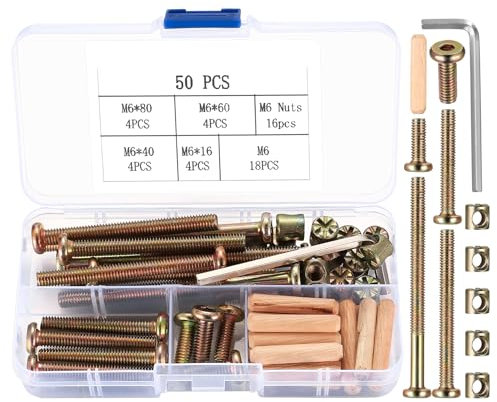 M6x40/50/60/70/80mm Crib Screws Assortment 20-Set Wooden Double beds Hardware Replacement Kit,Bolts & Barrel Nuts & Wooden Dowels, Hex Socket Head Cap Screws Nuts for Headboards Furniture (50)