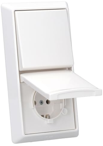 Busch-Jaeger Allwetter 44 Set Steckdose & Wechselschalter Set + Rahmen | 20 EUGK-34-101 Steckdose + 2000/6 US Wechselschalter + 2106-34 Wippe + 2102-34 Rahmen 2-fach Alpinweiß