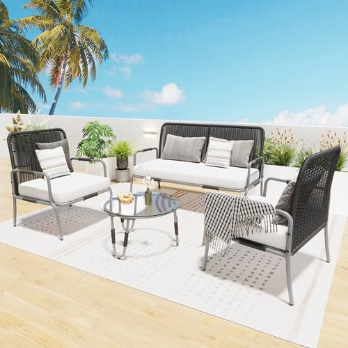 AUJDKDH Poly Rattan Sitzgruppe,Gartenmöbel Sitzgarnitur Garten-Garnitur Set, Gartenlounge für 4 Personen, mit Sessel, Couchtisch& Kissen, Abnehmbarer und waschbarer Stoffbezug,grau+weiß