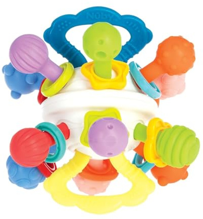 Nuby Twist Ball Teether Activity Toy with Rattle and Fun Bright Colors - Montessori Sensory Toy Develops Fine Motor Skills - 3 + Months