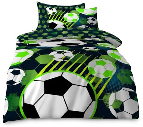 VELVETIO Luxury Kids Duvet Cover Set & Pillowcase, Boys & Girls Printed Football Bedding Quilt Single, Super Soft Reversible Soccer Comforter Bedset, Green