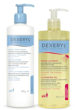 DEXERYL Reinigungsöl (500 ml) + Creme (500 g): Sanfte Reinigung und feuchtigkeitsspendende Pflege für trockene Haut wie Neurodermitis, für Körper und Gesicht