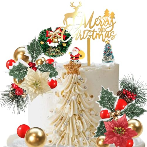 Xsstarmi 38 Pack Merry Christmas Cake Decorations Artificial Flower Berry Pinecone Xmas Tree Cake Toppers Gold Balls Merry Xmas Cake Toppers for Christmas Theme DIY Party Cake Decorations Supplie