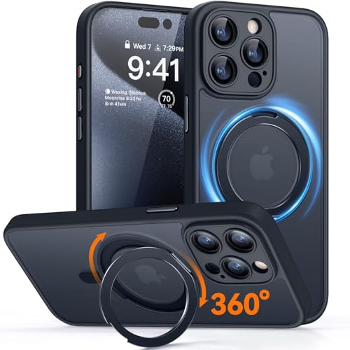 CANSHN 360° Ständer für iPhone 15 Pro Max Hülle, Matt Schwarz | Kamera Steuertaste Vollkameraschutz Kompatibel mit MagSafe Transluzent Matt Militärischer Stoßfester Schutz