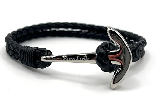 KAROO EARTH JEWELLERY Men's Black Leather Anchor Bracelet | Stainless Steel Anchor Clasp | Nautical Maritime Fashion Bracelet