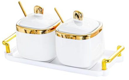 Fenteer Récipient en Porcelaine pour Condiments, Boîte à épices, Contenant pour Sucre et Sel avec Cuillère, 2 Pots d'or