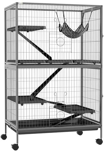 PawHut Freigehege Kleintiergehege mit ausziehbarem Tablett, Hängematte, Rampen, Rollen Kleintierkäfig Gehege für Kleintiere, Eichhörnchen Chinchilla, 80 x 52 x 128 cm Grau