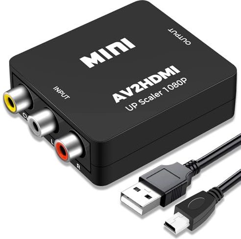 Jewan Convertitore da RCA a HDMI, Adattatore da AV a HDMI, Convertitore Audio Video Composito RCA CVBS 1080P con Cavo di Alimentazione USB per PS2/SNES/VHS/Xbox/PS4/TV/VCR/DVD/Wii/Supporta PAL/NTSC