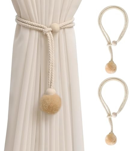 Confezione da 2 Lacci per Tende, in Cotone Intrecciato a Mano, Decorazione per Tende, Cordini in Cotone con Pompon, Beige, Adatti per Camera da Letto, Ufficio, Decorazione per Tende Del Soggiorno