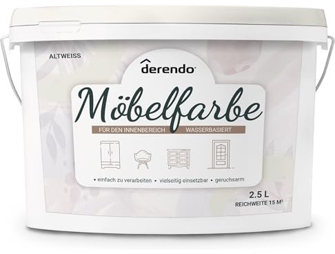 derendo Möbelfarbe Holzfarbe weiß für Innen – Ohne Schleifen, Kratzfest & Hochdeckend – Wasserbasierter Lack für Möbel, Türen & Küchen – Emissionsarm & Pflegeleicht Altweiss/Grauweiss, 2,5 Liter