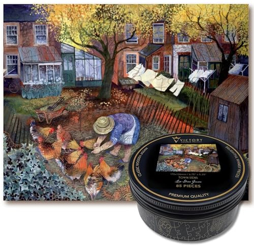 Victory Wooden Puzzles - 'Town Hens' Miniature Jigsaw Puzzle for Adults - 85 Pieces. Premium Linden Wood Artwork Jigsaw Puzzle in Metal Storage Tin with Special 'Whimsical' Shaped Pieces.