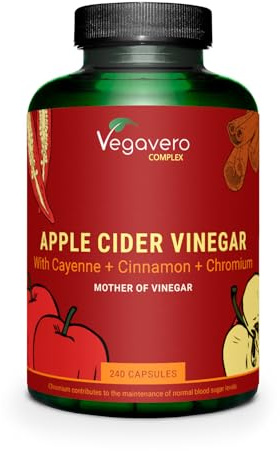 Vegavero Apple Cider Vinegar with Mother Complex 1950 mg | Chromium Picolinate for Blood Sugar Levels | with Cayenne, Ginger and Ceylon Cinnamon Extracts | 240 Capsules | NO Additives | Vegan