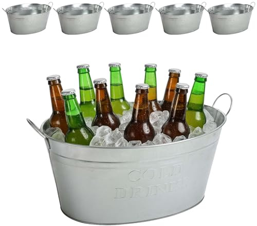 BURI 6 recipientes para bebidas con asa, 24 litros, de zinc, resistentes al agua, enfriador de bebidas y champán, cubo de hielo, para fiestas en el jardín con texto impreso