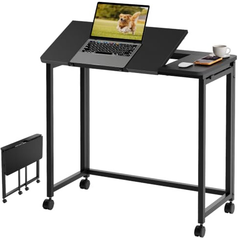 GreenForest Folding Desk with Wheels, 31.5 Inch Adjustable Tilt Drafting Table, Portable Rolling Foldable Desk for Small Space, Home Office, Drawing & Craft Workstation, Black