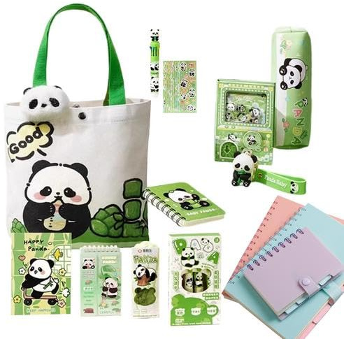 30PCS Astuccio Scuola Panda Grande Capacità, Set di Cancelleria per Studenti Kawaii con Borsa di Tela, Astuccio Panda, Panne Pandas Gel, Penna a Dieci Colori, Adesivo, Eraser, Notebook & Righelli...