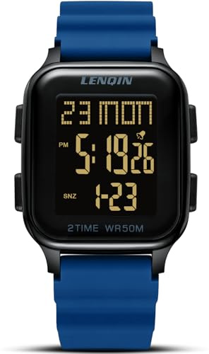 LN LENQIN Orologio Uomo Digitale Sportivo Impermeabile | Cinturino gomma 245 mm, cassa resina 40 mm, spessore 12 mm, LED, cronometro, allarme, 5 ATM, 12/24 ore