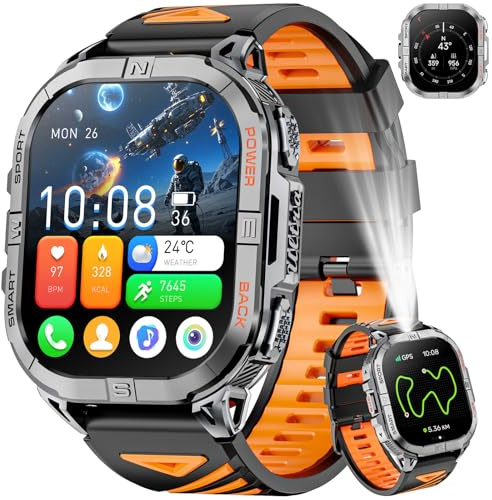 Joautrial GPS Montre Connectée Homme, 2,13 AMOLED Militaire Smartwatch avec Torche LED/Boussole/100+ Modes Sportifs/580mAh Batterie/Surveillance Santé/Appels Bluetooth pour Android iOS (Noir)