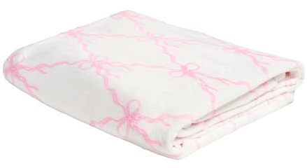 OHS Fleece Blanket Sofa Throw, Gifts for Women Super Soft Cosy Warm Bow Print Blanket for Bed Sofa Settee Lightweight Decorative Single Bed Throws, White/Pink - 125 x 150cm