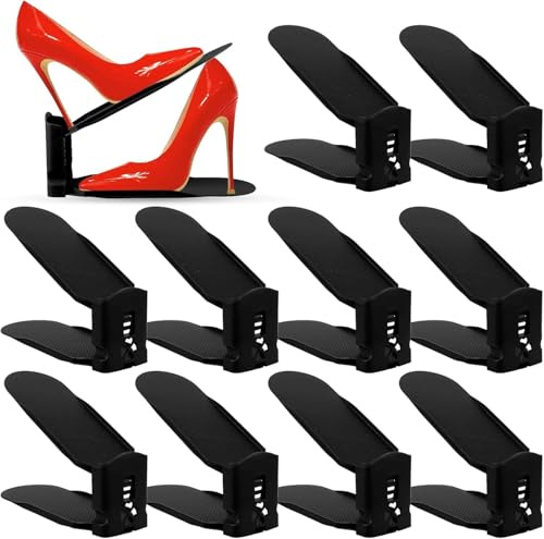 ZPQAODI 10 Stück Einstellbare Schuhregale, Doppelschicht Schuhregal, PP-Material Schuhorganizer, 3 höhenverstellbar Platzsparendes rutschfest Schuhstapler, Schuhschlitz Organizer (Schwarz)