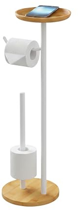 Relaxdays Toilettenpapierhalter, Ersatzrollen, Ablage, Bambus, Metall, HxBT: 65x25x20 cm, WC-Rollenhalter, weiß/Natur