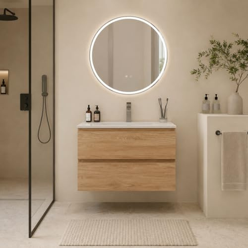 LDarqeer Meuble Lavabo Mural 60 cm avec Vasque, Meuble Salle de Bain avec Vasque, 2 Tiroirs avec Fermeture Douce, Vasque en Céramique, Finition Effet Bois Naturel, Bois d’Ingénierie Haut de Gamme