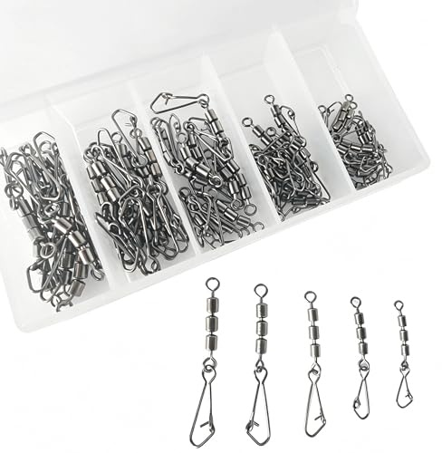 ANBOO 50 STK Wirbel Angeln Forellen, Dreifachwirbel Set 5 Größen Angelwirbel für Forellenangeln & Sbirolino, 8-21 Kg, Angelzubehör für Raubfisch & Forelle mit Box