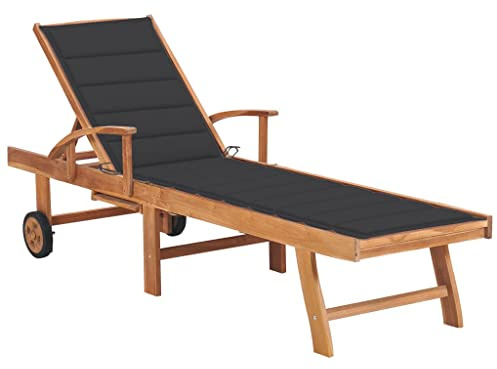 Zentexion Sonnenliege Gartenliege Teakholz Anthrazit mit Auflage verstellbar 195x59,5cm Poolliege Relaxliege Rollliege für Terrasse Balkon Strand Entspannen Sonnenbaden