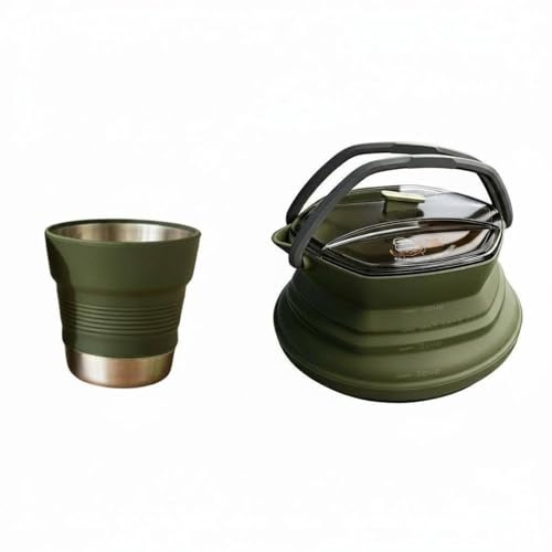 NonMiFyR Bouilloire Pliable en Silicone Portable avec Mug Grande Capacité Structure Sécurisée en INOX Mesures Précises Prise Double Latérale Adaptée à la Randonnée Camping d'affaires, Vert Foncé