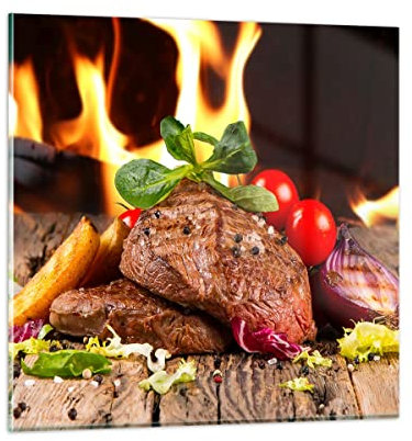 ARTTOR Bilder auf Glas 40x40cm Glasbild Essen Holz Feuer Steak Klein Wanddeko Bild im Glas Schlafzimmer Küche Deko Wandbilder Dekoration Wohnzimmer Modern Wall Decor Wand Kunstdruck Art GAC40x40-2825