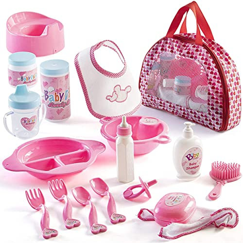 Prextex Babypuppen-Zubehörset mit Reißverschluss-Tragetasche, Puppenspielzeug zum Füttern und Mode, Badezubehör für Baby und Kleinkindpuppen, 18-teiliges Set