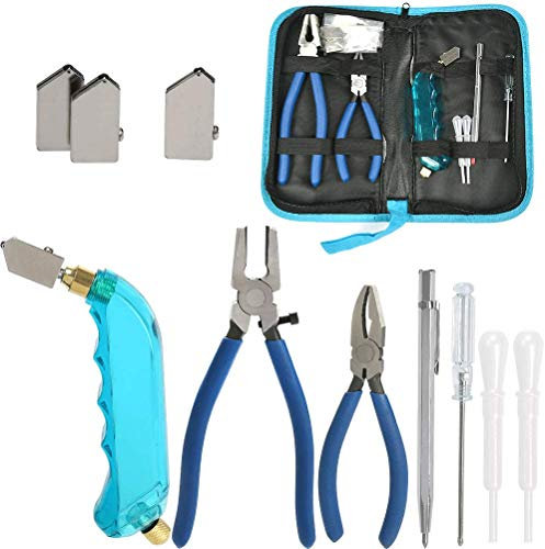DODUOS Set Tagliavetro Professionale per Vetro Taglierina per Taglia Vetro, Specchio, Piastrella Bottiglie, Cutter di Vetro con Lame, Penna da Intaglio, Morsetto, Contagocce, Cacciavite e Borsa