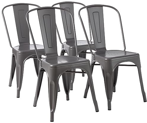 Amazon Basics Esszimmerstühle aus Metall, Schwarz, mit Rückenlehne, stapelbar, Bistro, Küche, Innen- & Außenbereich, 4er-Set, Dunkelgrau, 51 x 43 x 85 cm