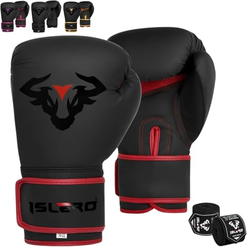 Islero EVO Fitness Boxhandschuhe für Herren, Boxsack, Damen, Pink, MMA, Muay Thai, Kampfsport, Kickboxen, Sparring, Training, Kampfhandschuhe mit Handbandagen, 473 g, Rot