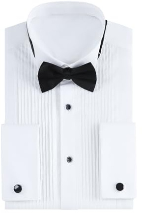 Gollnwe Tuxedo Shirts for Men Wing Collar French Cuff with Cufflinks and Bow Tie Mens Dress Shirt for Wedding White S