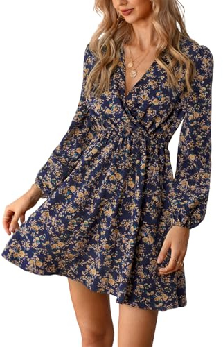 Cupshe Robe trapèze portefeuille, à col en V, surplis et manches longues, décontractée et courte, motif floral, pour femmes, Multicolore, S