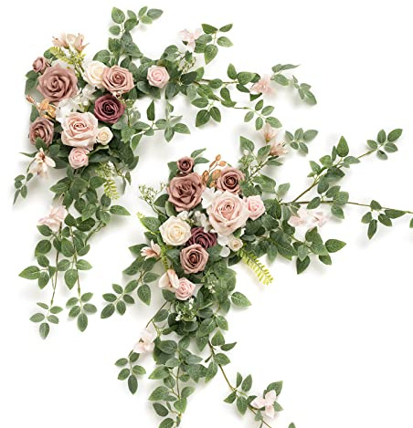Ling's moment 2PCS Dusty Rose Arch Flowers Artificial Floral Swags Wedding Centerpieces Faux Flower Garland Greenery Arrangements for Engagement Party Sweetheart Table Decor Welcome Signs Wall