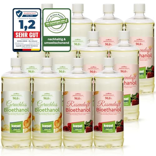 KieselGreen Bioethanol 12 x 1 Liter Sets (6X Geruchlos + 6X Duft) für Ethanol-Kamin - Bio Ethanol als Raumduft, viele Duftnoten (6X Geruchlos + 6X Rosen)